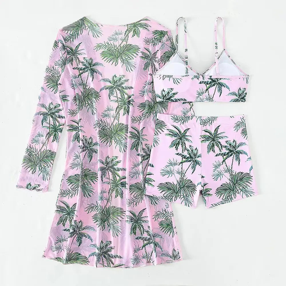New Sexy 3 Pieces Suit for Women Neck Hanging Bikini Set+Cover-up Swimwear Sunproof Tankini High Waist Shorts Swimsuit Beachwear