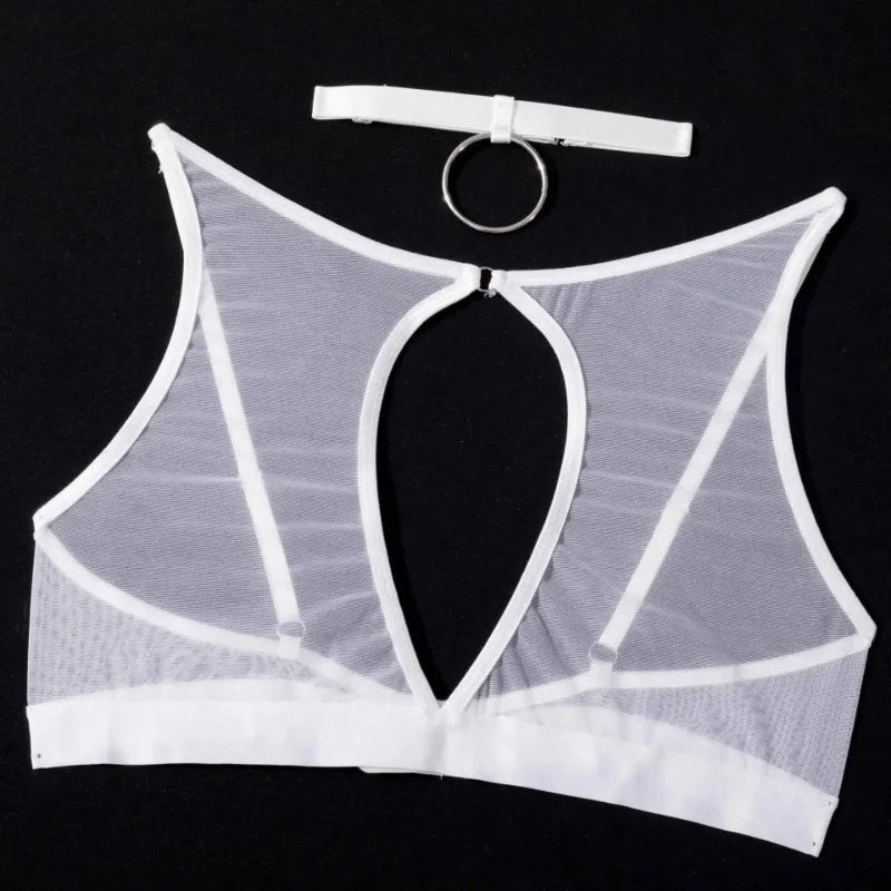 Toucheart 5-Pieces Erotic Lingerie Sexy Hip Skirt For Women Mesh Patchwork Hollow Out See-Through Lure Garters Underwear Suit