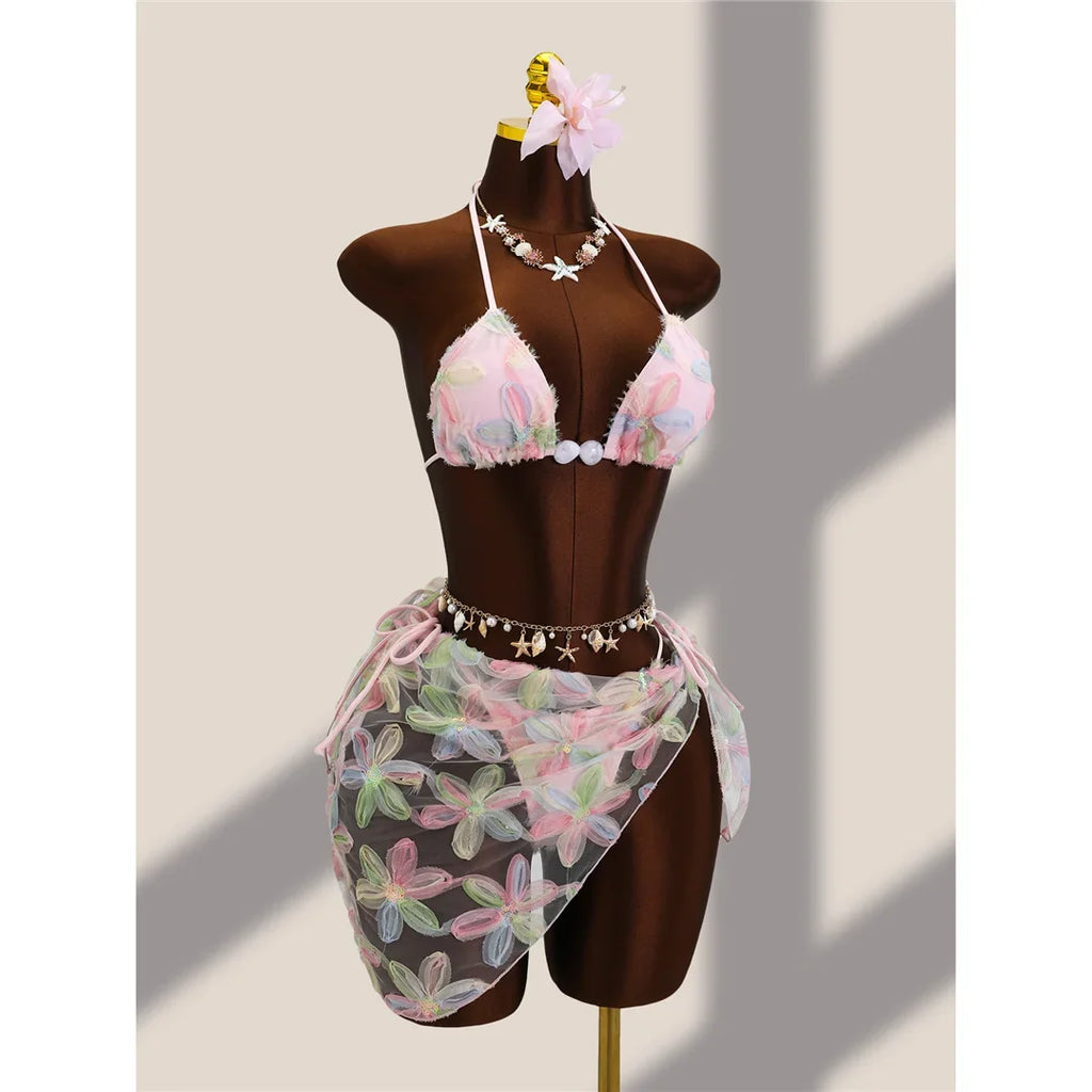 With Sarong Flower Printed Halter Bikini Female Swimsuit Women Swimwear Three-pieces Bikini set Bather Bathing Suit Swim V8321