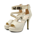 Women's Sexy Peep Toe Platform 12cm High Heel Sandals with Gold Metal Classic Ankle Strap Crisscross Stiletto Heel Party Shoes