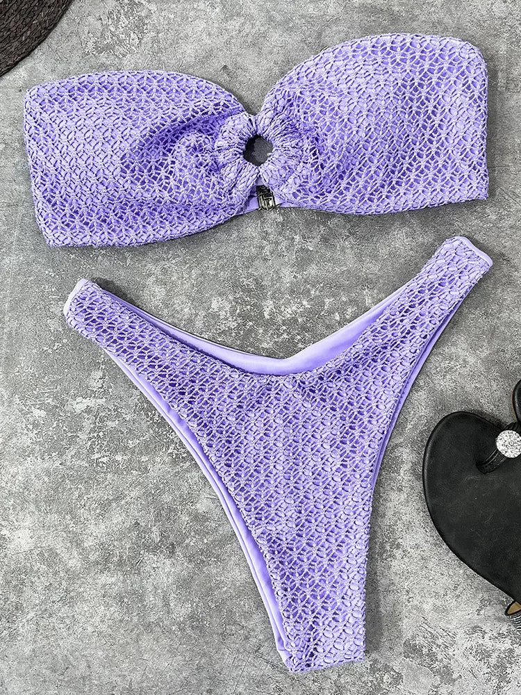 Wrinkled Fishnet Strapless Bandeau Bikini Women Swimsuit Female Swimwear Two-pieces Bikini set High Cut Bather Bathing Suit Swim