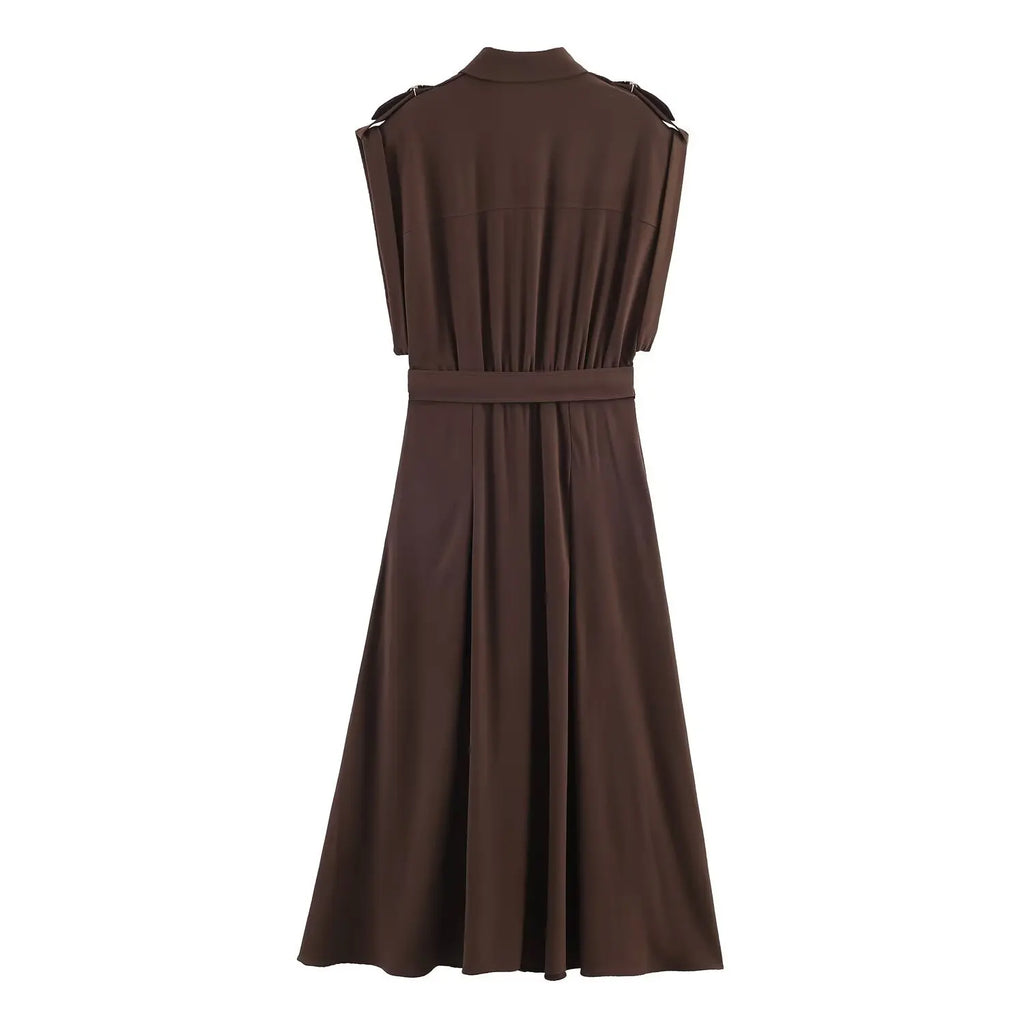 Women's Fashion Midi Dress Brown Sleeveless Shirt Dress For Women Shoulder Details Buttoned Waist Button Elegant For Wear PS9Y