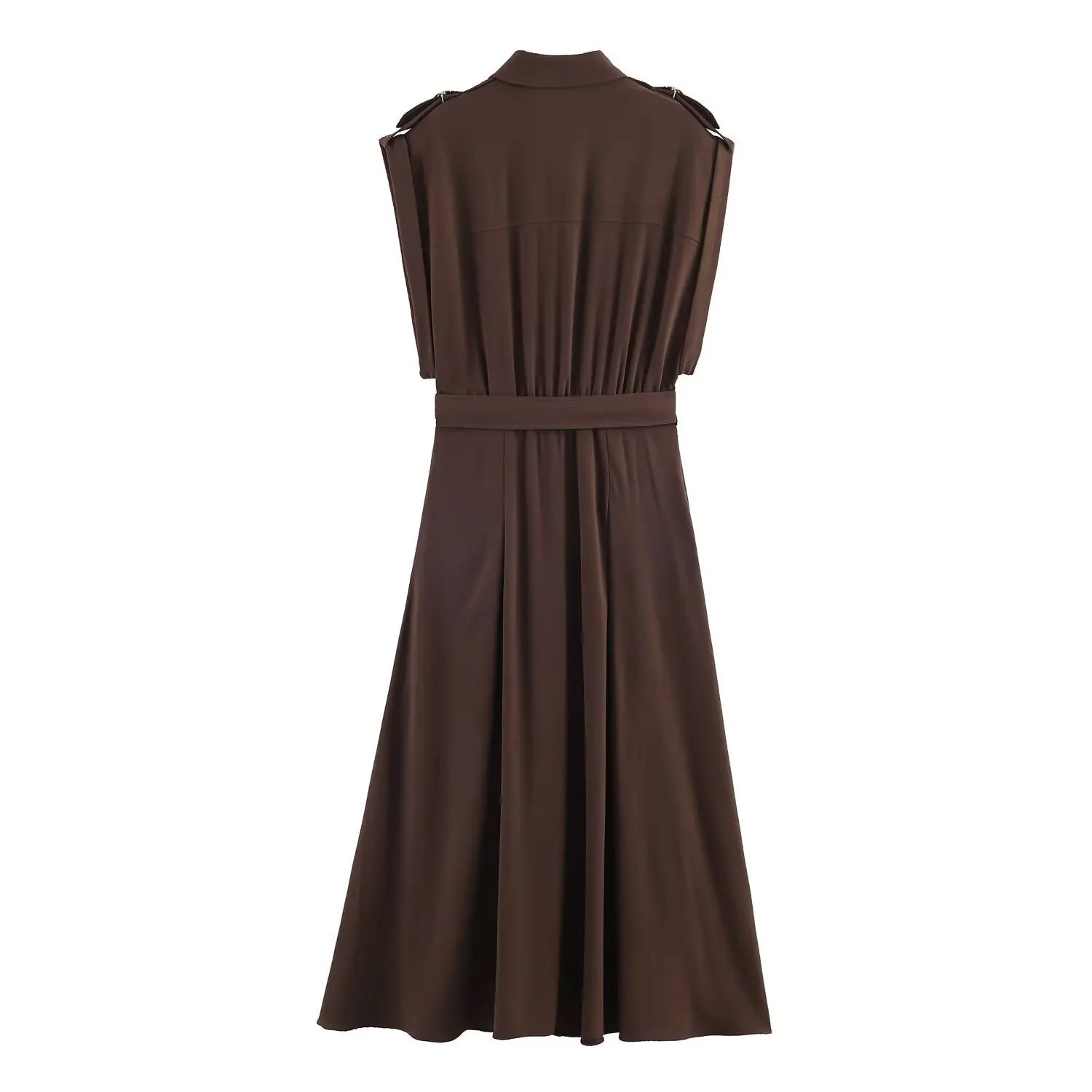 Women's Fashion Midi Dress Brown Sleeveless Shirt Dress For Women Shoulder Details Buttoned Waist Button Elegant For Wear PS9Y
