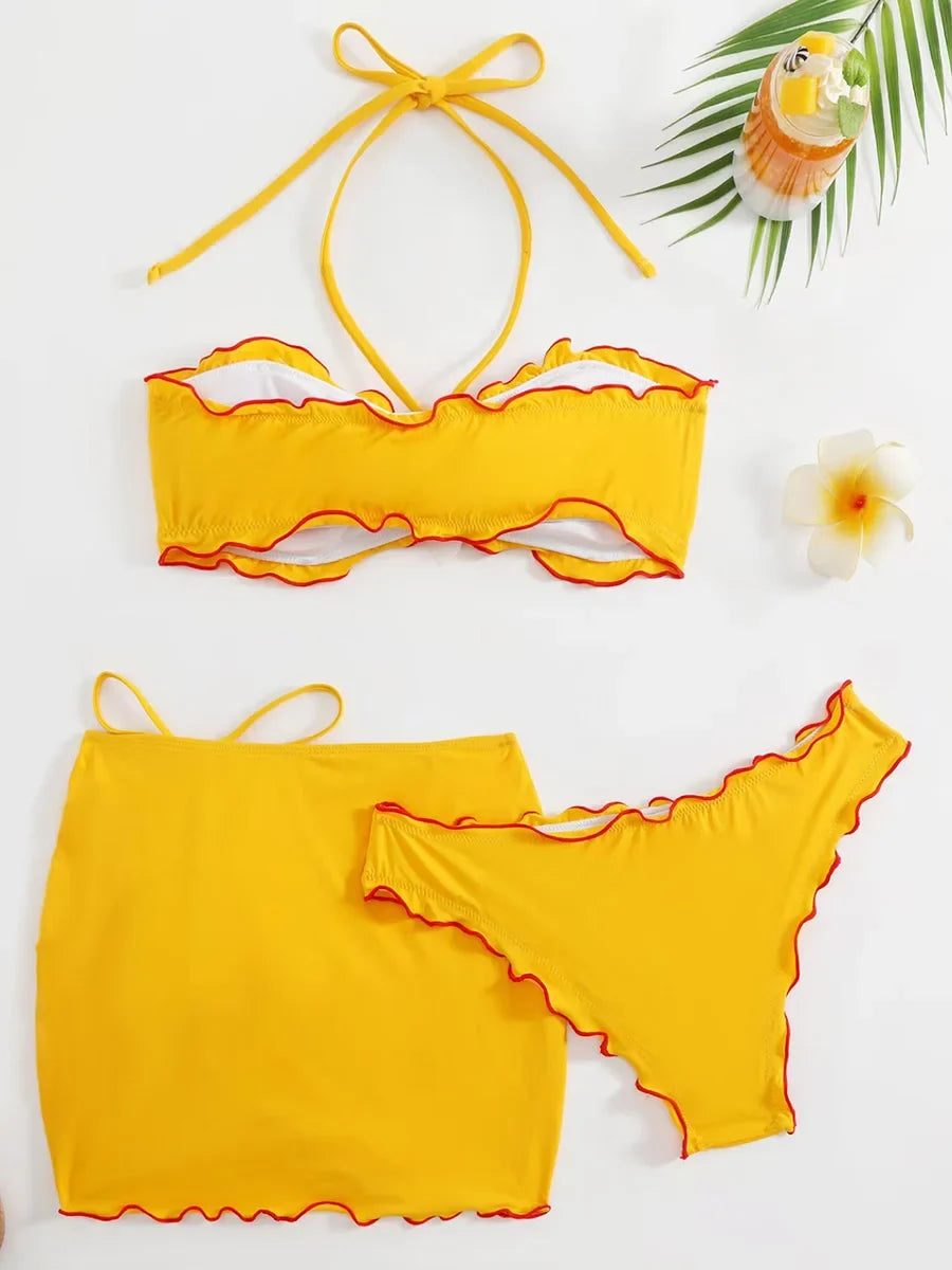 with Mesh Skirt 3D Flowers Halter Bandeau Bikini Female Swimsuit Women Swimwear Three-pieces Bikini Set Bathing Suit Beachwear
