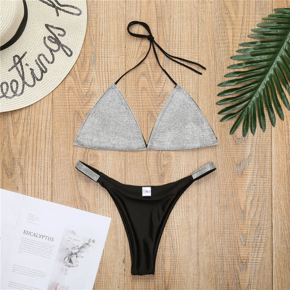 Bikini 2026 Sexy Diamond Rhinestones Solid Swimwear Swimsuit Women Triangle Halter Bikinis Set Bathing Suit Beach Bikini Female