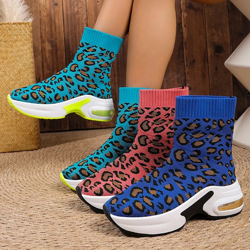 Fashion Leopard Print Platform Ankle Boots Women Comfy Slip On Breathable Knitted Boots Woman Plus Size 35-43 Wedges Short Boots