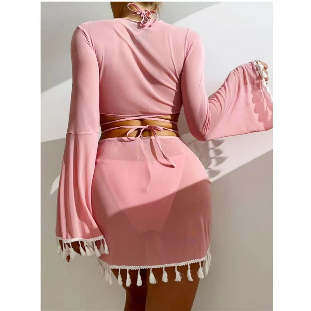 S - XL With Tassel Skirt Long Sleeve Bikini Women Swimwear Female Swimsuit Four-pieces Bikini set Bather Bathing Suit Swim V7060