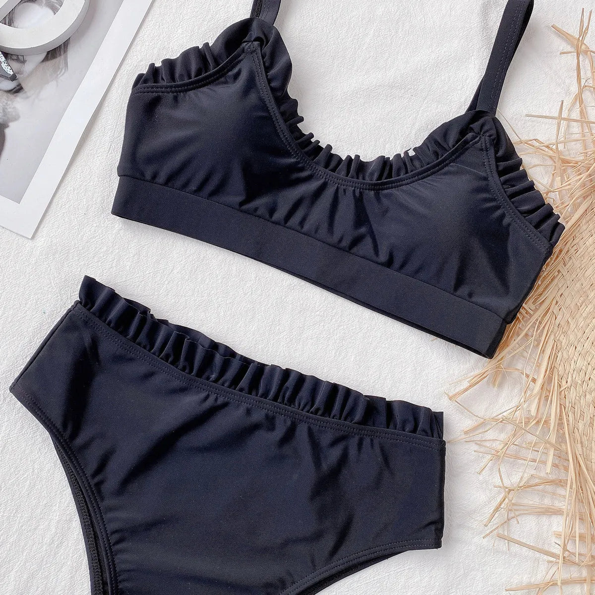Bikini 2026 Sexy Swimwear Swimsuit Women Solid Ruffled High Waist Bikinis Set Bathing Suit Bikini Taille Haute Biquinis Feminino
