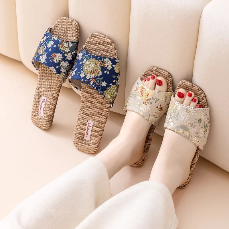 Breathable Indoor Linen Slippers For Women Men Home Floor Shoes Chinese Style Emrobidery Anti-slip Couples House Bedroom Slides
