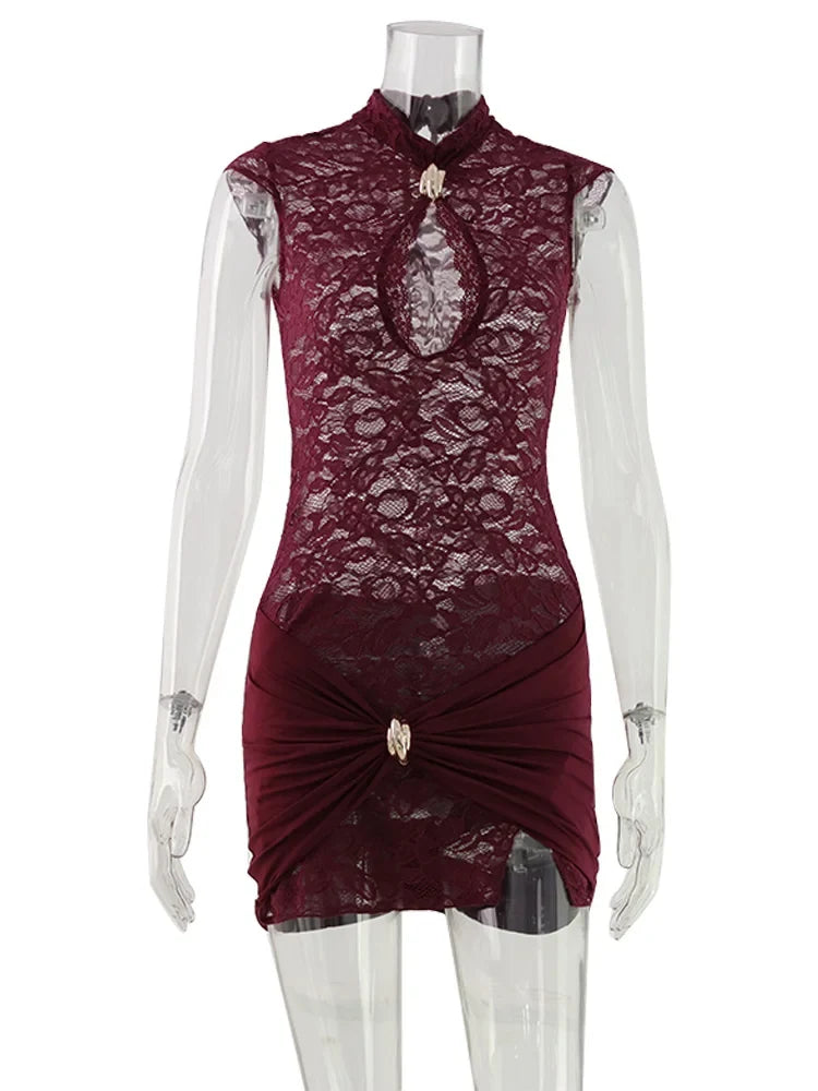 Ahagaga Sexy Club Women's Mini Dresses Lace Patchwork Hollow Out Sheath Slim Fit Half High Collar Folds Bodycon Streetwear Trend