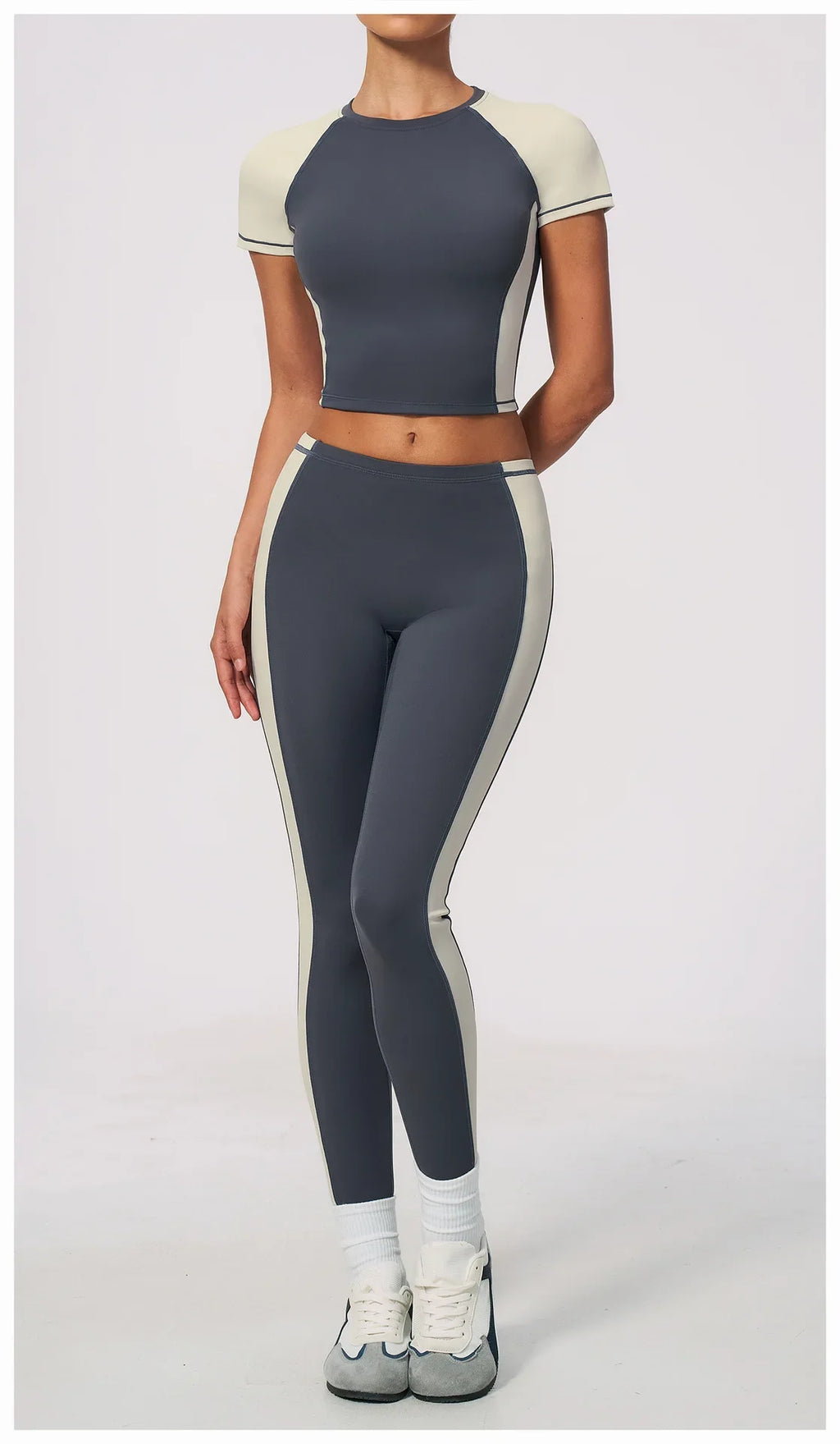 Nake Yoga Set Women's Tracksuit Color Contrast Short Sleeve Slim Sports T Shirts High Waist Leggings Fitness Clothes Gym Outfits