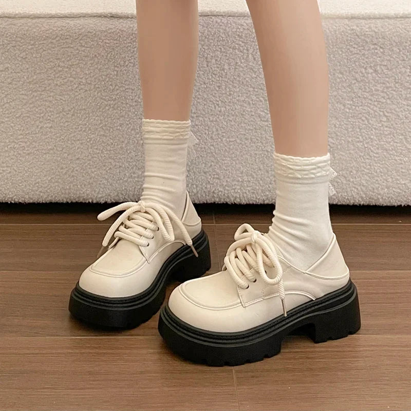 Elegant Lace-Up Platform Loafers for Women 2026 British Style High Heels Oxford Shoes Woman Preppy Style Pu Leather Shoes Female