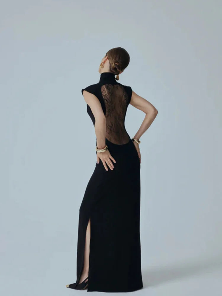 Ahagaga Fashion Sexy Women's Maxi Dresses Turtleneck Short Sleeves Hollow Out Lace Patchwork Sheath Split Party Solid Vestidos