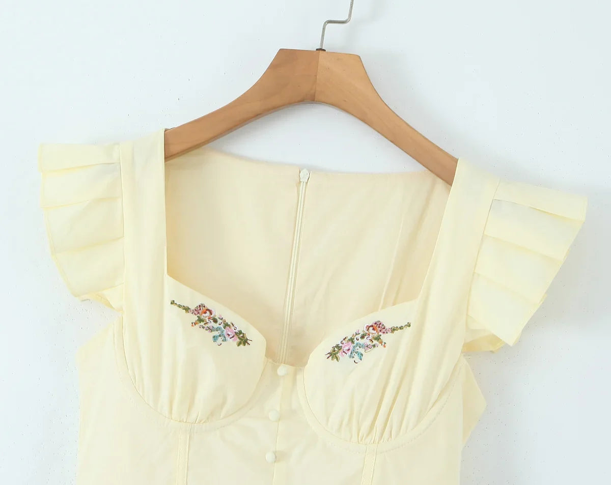 Floral Embroidery Cotton Summer Women's Dress Sleeveless Buttons Decor Short Mini Dress Elegant Yellow A-line New in Dress 2025