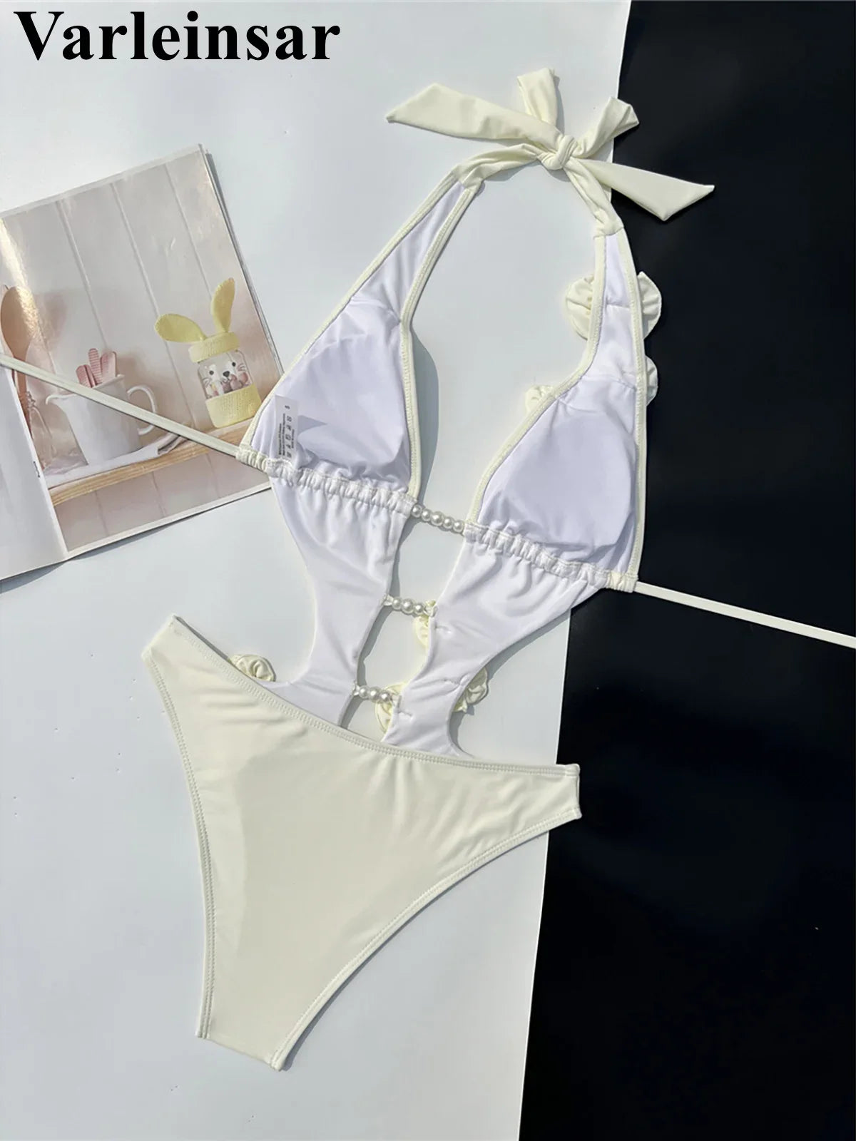 Pink Red Bather Bathing Suit Swim 3D Flower Deep V Neck One Piece Swimsuit Women Swimwear Female High Cut Leg Monokini V6986P