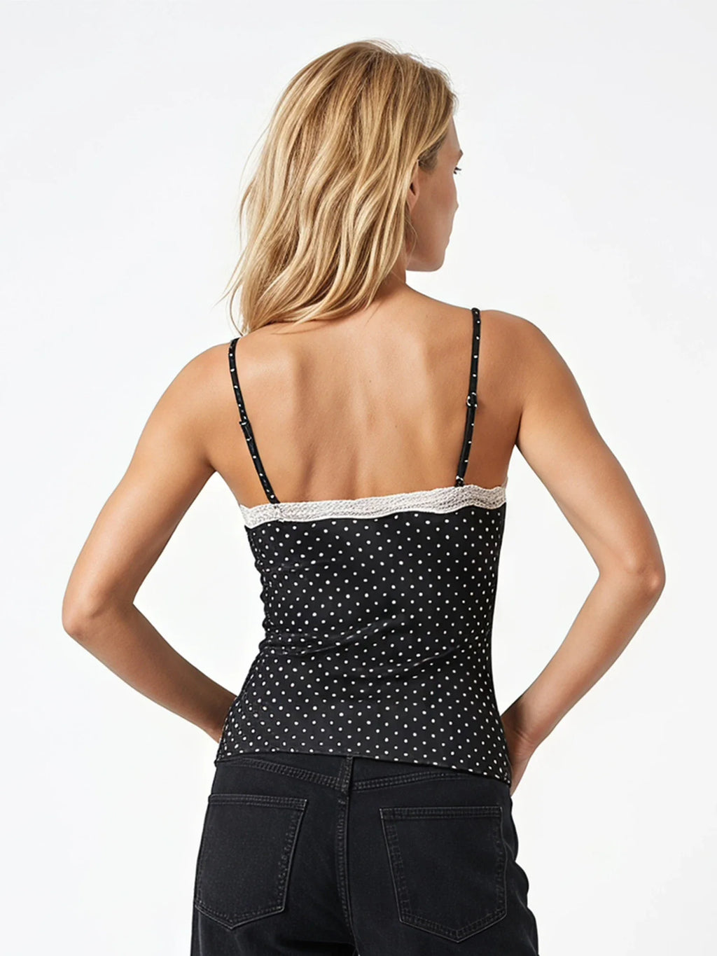 Women Summer Lace Trim Camisoles Sexy Dot Print Slim Fit V Neck Spaghetti Strap Tops