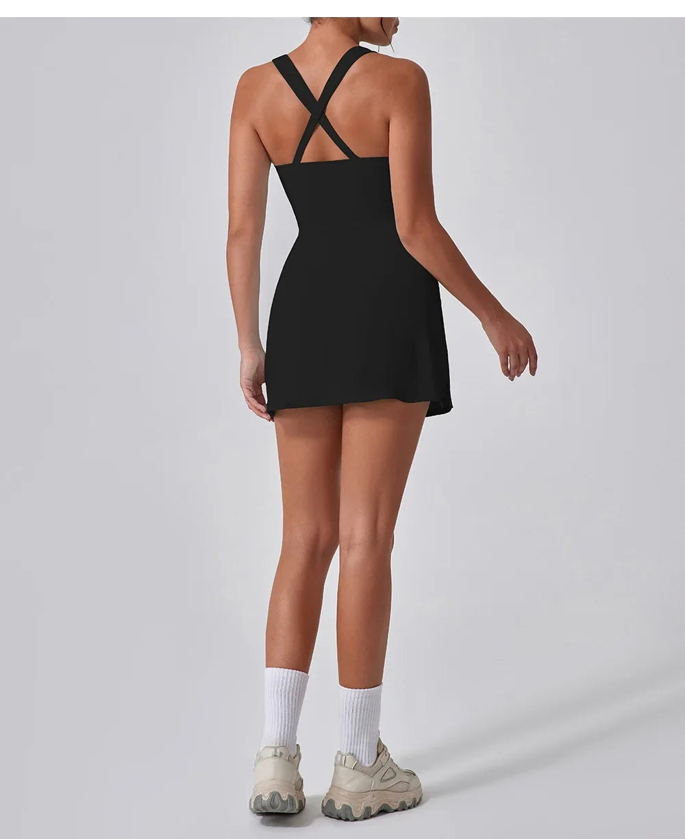 Front Zipper Tennis Dresses Women Summer Sleeveless Sports Athletic Dress Outdoor Cross Backless Pocket Short Workout Skirts