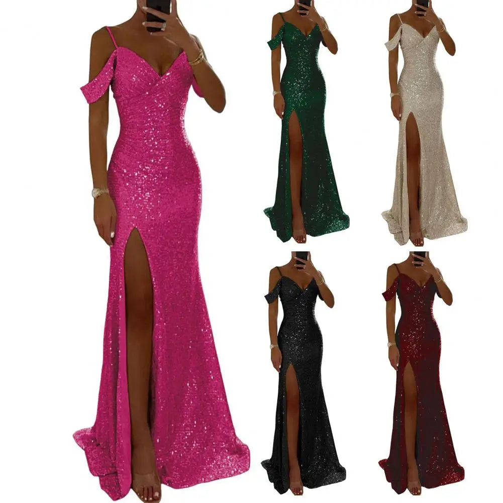 Women Evening Dress Off Shoulder V Neck Side Slit Floor Length Sequin Ball Gown Sleeveless Prom Wedding Party Banquet Maxi Dress