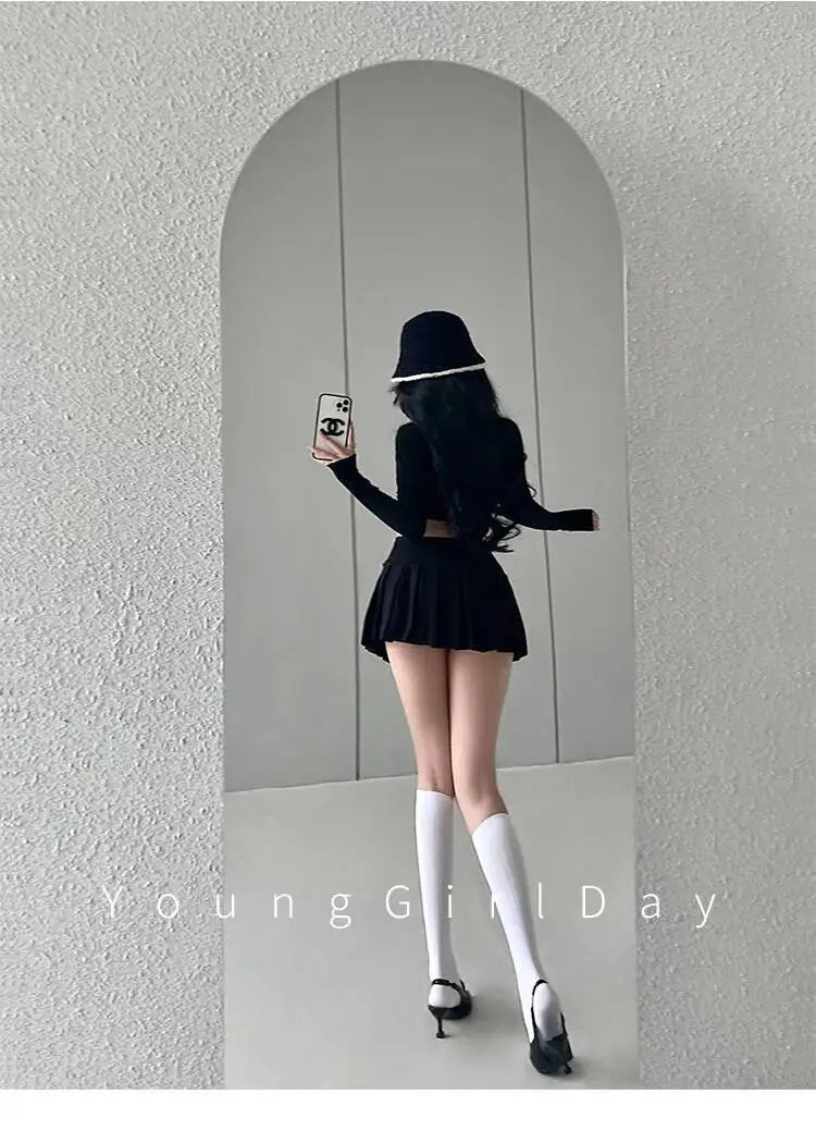 WOMENGAGA Fahsion Women Skorts Spicy Girl Sexy High Waist SlimA-LINE Pleated Skirt Half Body Short Skirt Sweet Korean Style 8NDZ