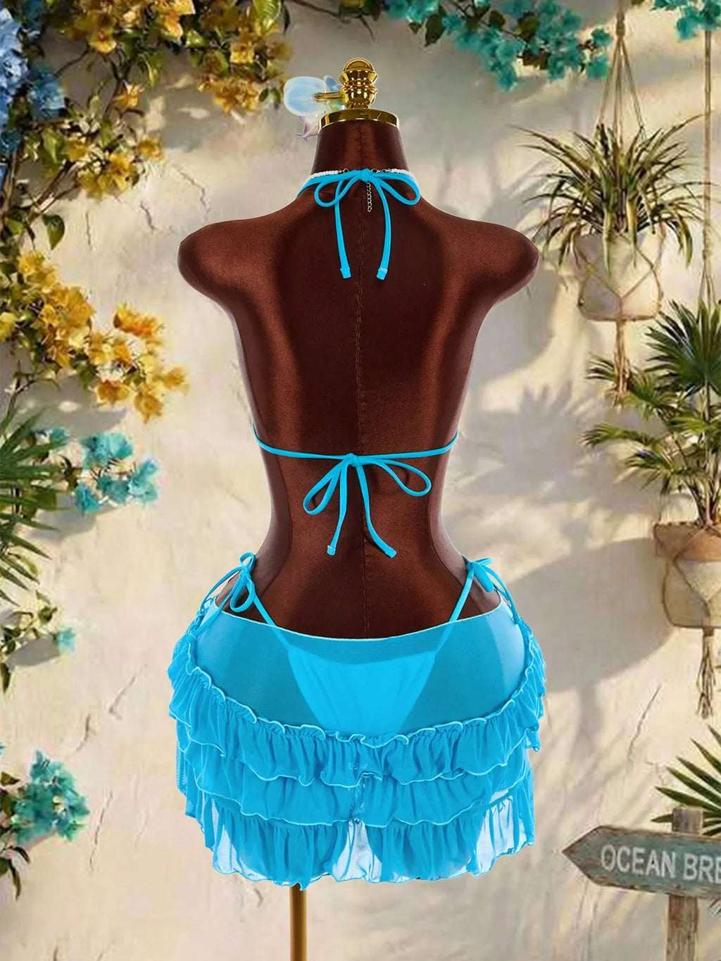 Vintage Blue 3D Floral Bikinis Sets Women Mesh Ruffle Skirt 3 Piece Swimsuit 2026 Sexy Push Up Bra Bathing Suit Holiday Swimwear