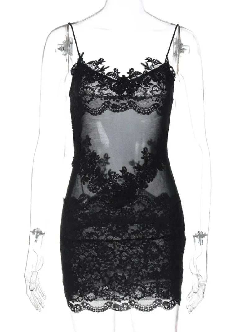 FDYOUI Spaghetti Strap See-through Mesh Dress Women Sleeveless Lace Patchwork Mini Party Dresses White Black Night Club Outfit