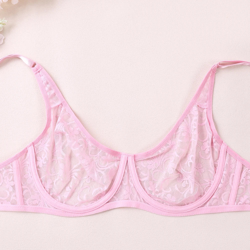 2 Pcs Sexy Womens Lace Bra Underwire BH Hollow Out Perspective Underwear Lingerie BH Tops Plus Size Brassiere B C D E Cup