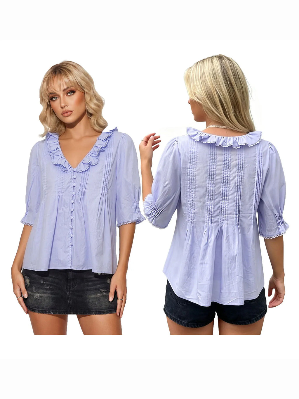Women's Summer Blouse Solid Color Ruffle Flounce V Neck Short Sleeve Button Down Tops Casual Loose Shirts