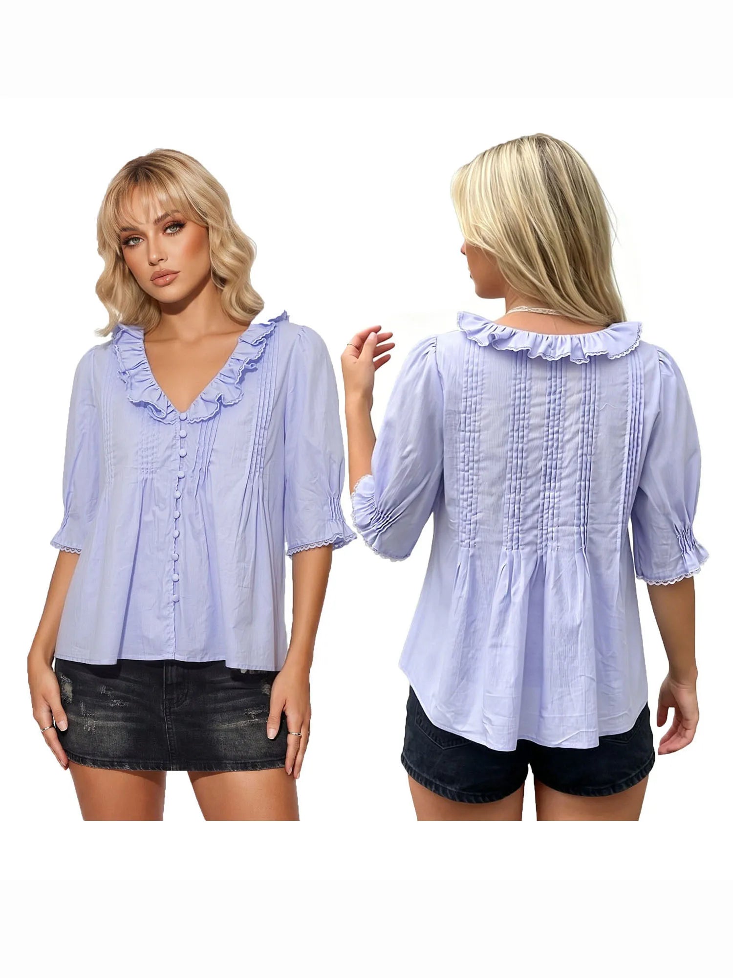 Women's Summer Blouse Solid Color Ruffle Flounce V Neck Short Sleeve Button Down Tops Casual Loose Shirts