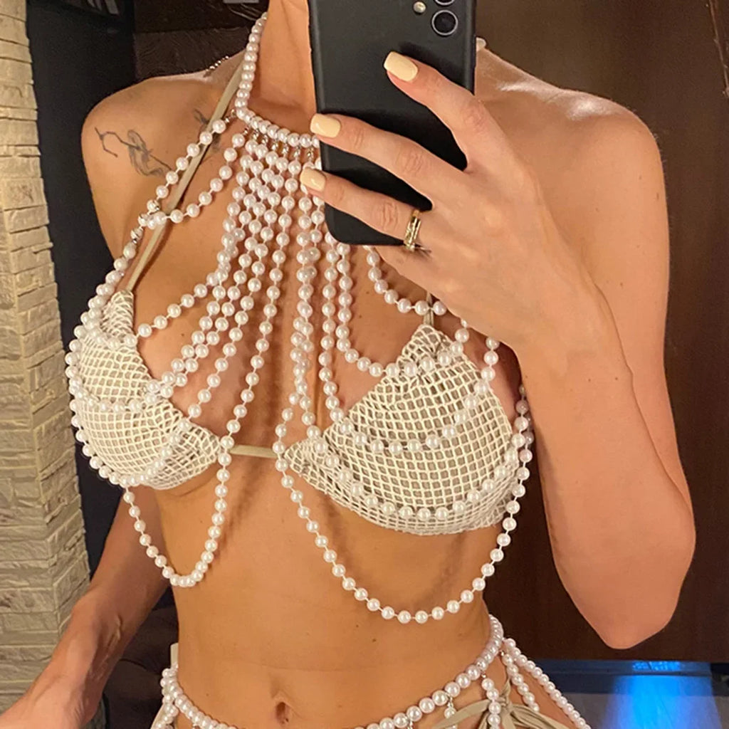 Luxury Pearls Halter Hollow Out See Through Bikini Top Female Swimsuit Women Swimwear Bather Bathing Suit Swim Beach Top V5409