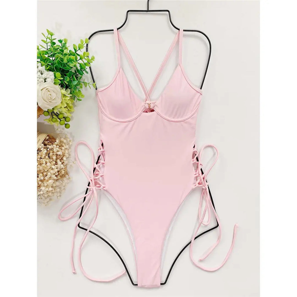 S - XL Sexy Lace Up Underwired One Piece Swimsuit Women Swimwear Female Backless Monokini Bather Bathing Suit Swim Lady V2906