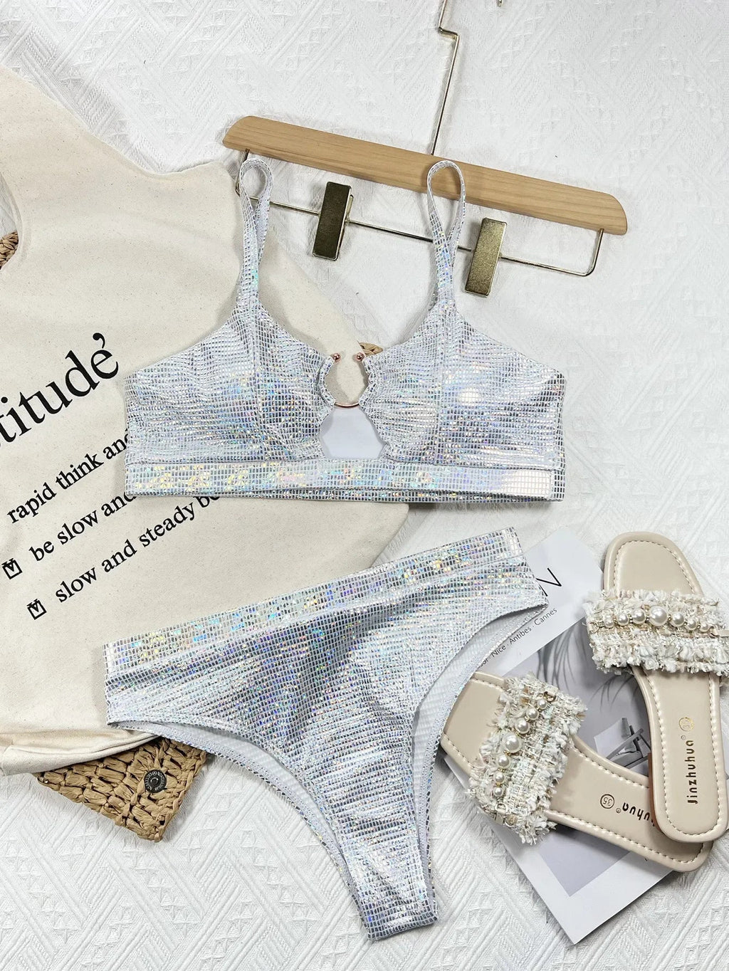 2026 Sexy Bikini Sliver Sequins High Waist Swimwear Swimsuit Women Bikinis Set Bathing Suit New Bikini Female Push Up Metal Hoop