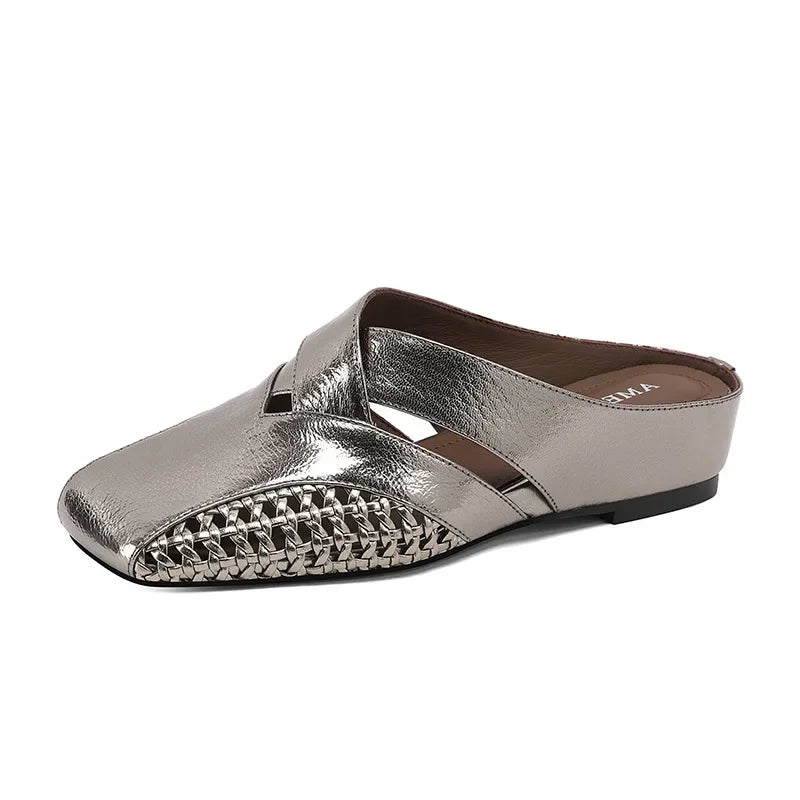 2026Women's Half Slippers Vintage Hollow Woven Square Toe Slides Fashion Versatile Mules Shoes Ladies Daily Sandals Mujer Slides
