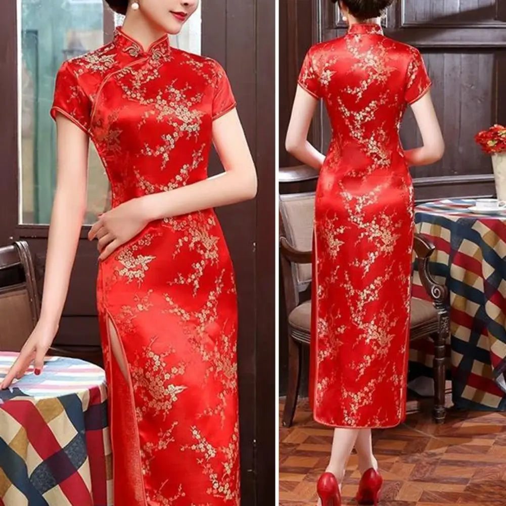 Women Dress Chinese Style Floral Embroidery Stand Collar Short Sleeves High Side Split Chinese Cheongsam Satin Silky