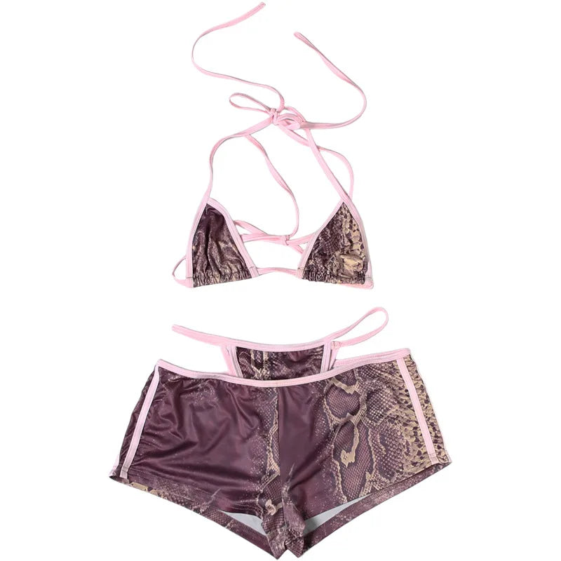 2026 New Women's Euro-American Hot Girl Halter Tie Bikini 3-Piece Set Printed Beach Swimsuit Cover Up Top Bottom