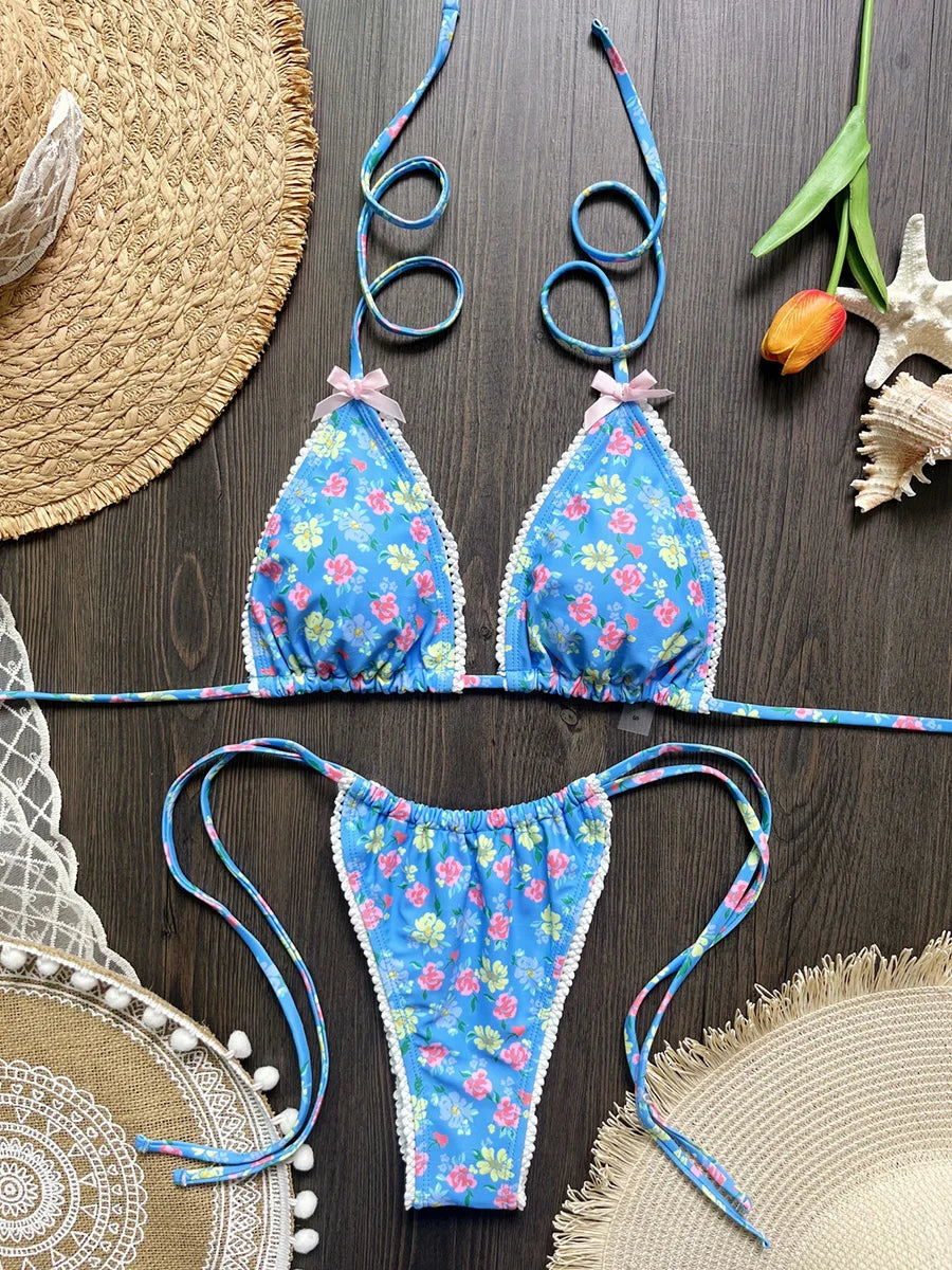 Floral Print Halter Micro String Bikini Female Swimsuit Women Swimwear Two-pieces Bikini Set Bow Knotted Bathing Suit Swim Lady