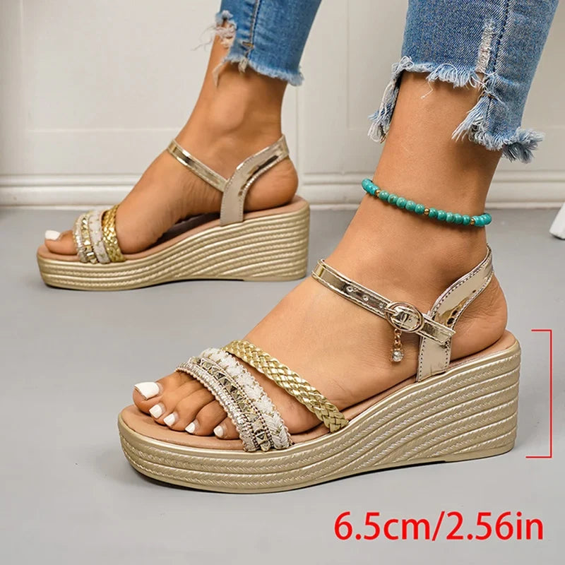 Plus Size 43 Wedge Heels Women's Sandals Summer Woven Ankle Buckle Platform Sandles Women Lightweight Thick Sole Rome Sandalias