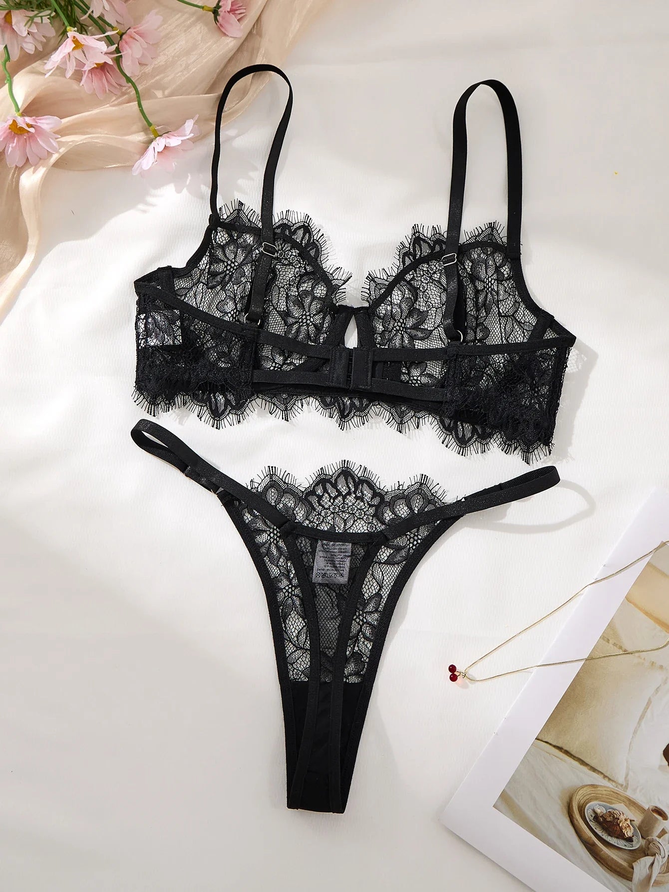 Black Lace Bra Brief Sets for Women Sexy Romantic Transparent Underwear with Flowers See through Erotic Lingerie