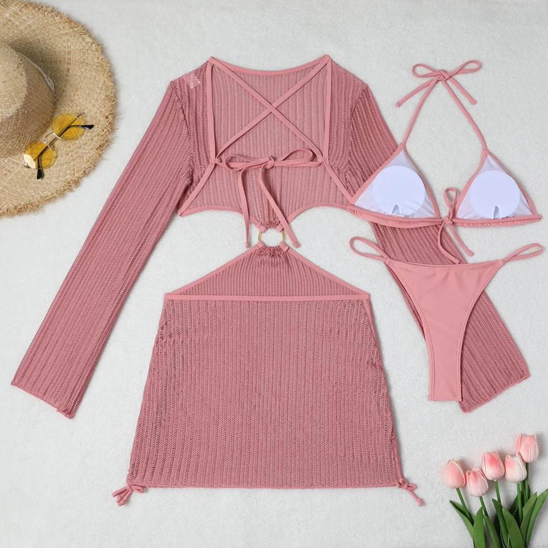 With Long Sleeve Cover Up Halter Bikini Women Swimwear Female Swimsuit Three-pieces Bikini set Bather Bathing Suit Swim V5123