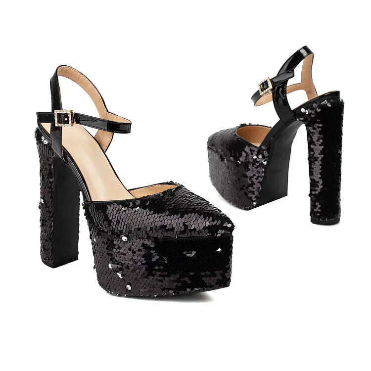 Women Platform Pointed Sandals 15.5CM/6Inch Summer Model Show Sequin Heels Europe and America Nightclub Party Large Size Shoes
