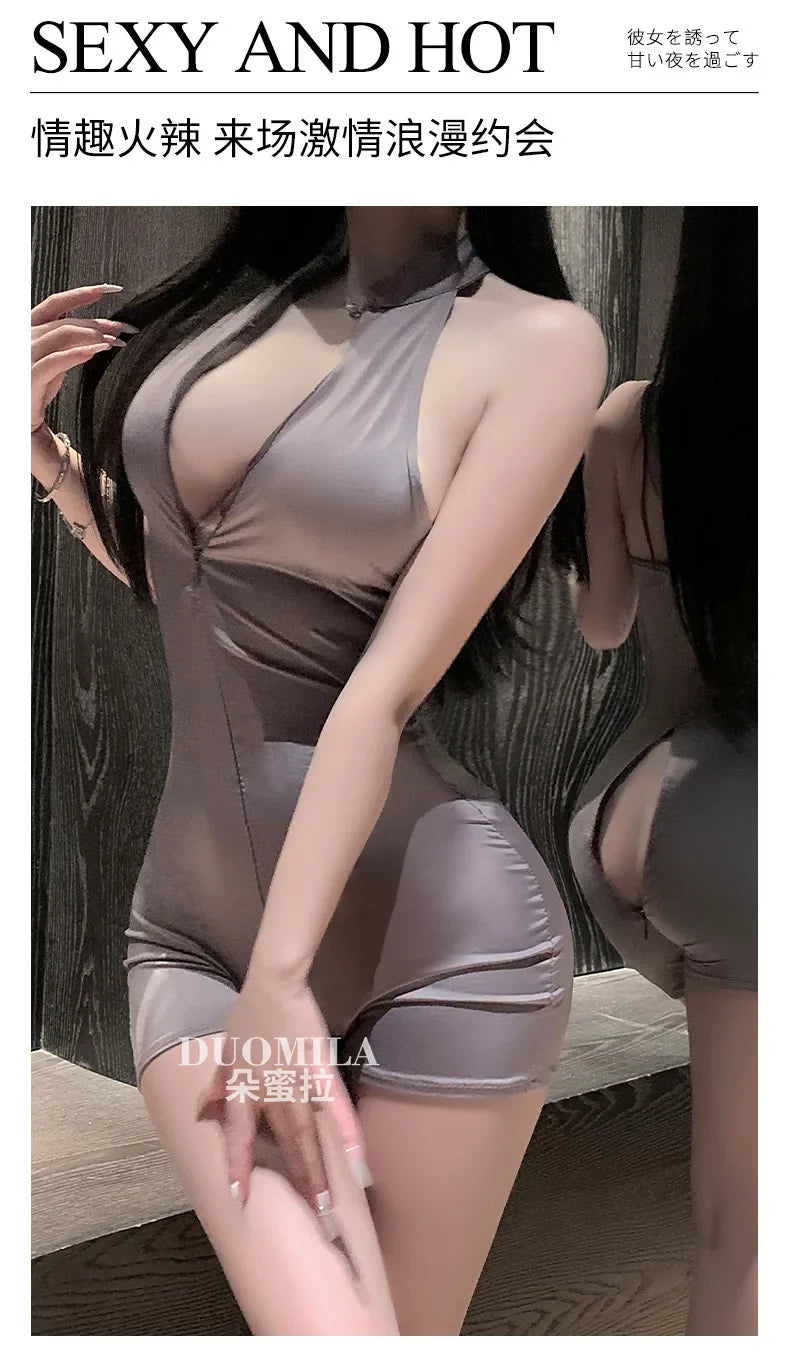 Sexy Schoolgirl Two-way Zipper Open Chest Crotch Bodysuits Deep V Suspenders Sleeveless Bodysuits Charming Thin Casual Hot 15T6