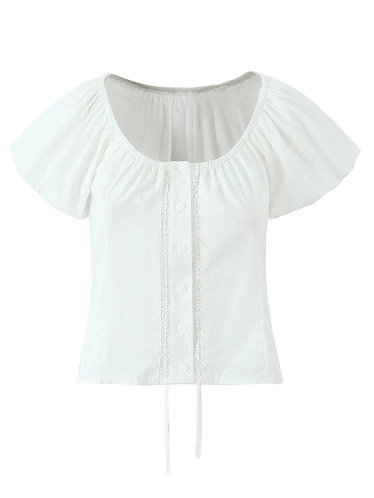 Foridol White Cotton Women Summer Crop Tops Lace Patchwork Short Female Tops Puff Sleeve Square Collar Slim Top Blouse 2025