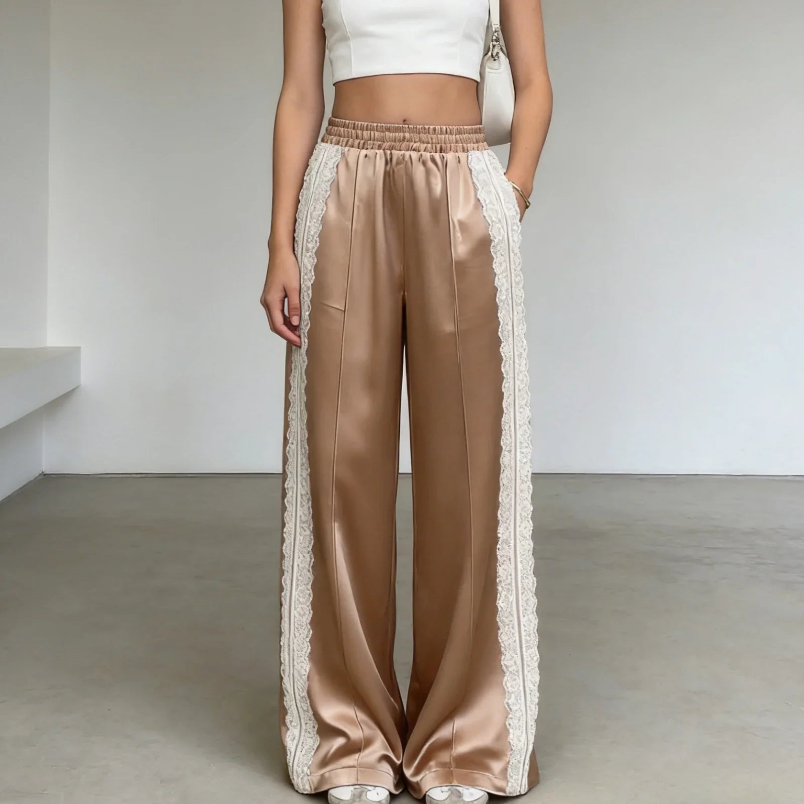 Elegant Solid Color Women's Satin Wide Leg Pants Lace Trim High Waist Loose Fit Trousers For Daily Vacation