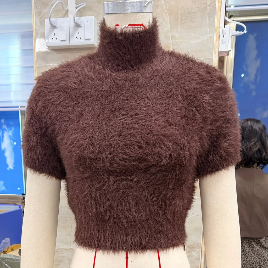 Women's Spring Summer Fuzzy Knit Tops Fashionable Casual Solid Color High Neck Short Sleeve Crop Sweater