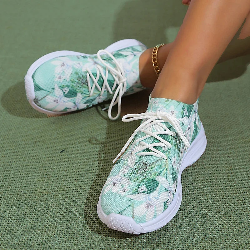 Fashion Printed Breathable Sneakers Women Thick Bottom Knitted Walking Shoes Woman Hollow Out Slip On Sports Shoes Female 35-43