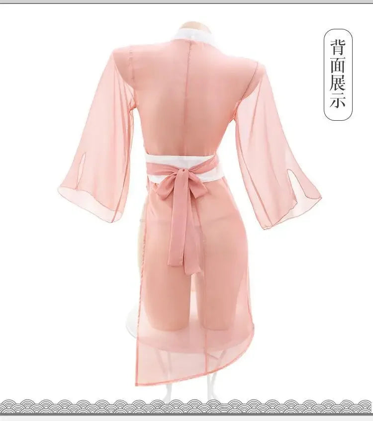 Women Sexy Lingerie Hanfu Dress Cosplay Costume Deep V Erotic See-through Pink Chinese Ancient Style Temptation Dresses