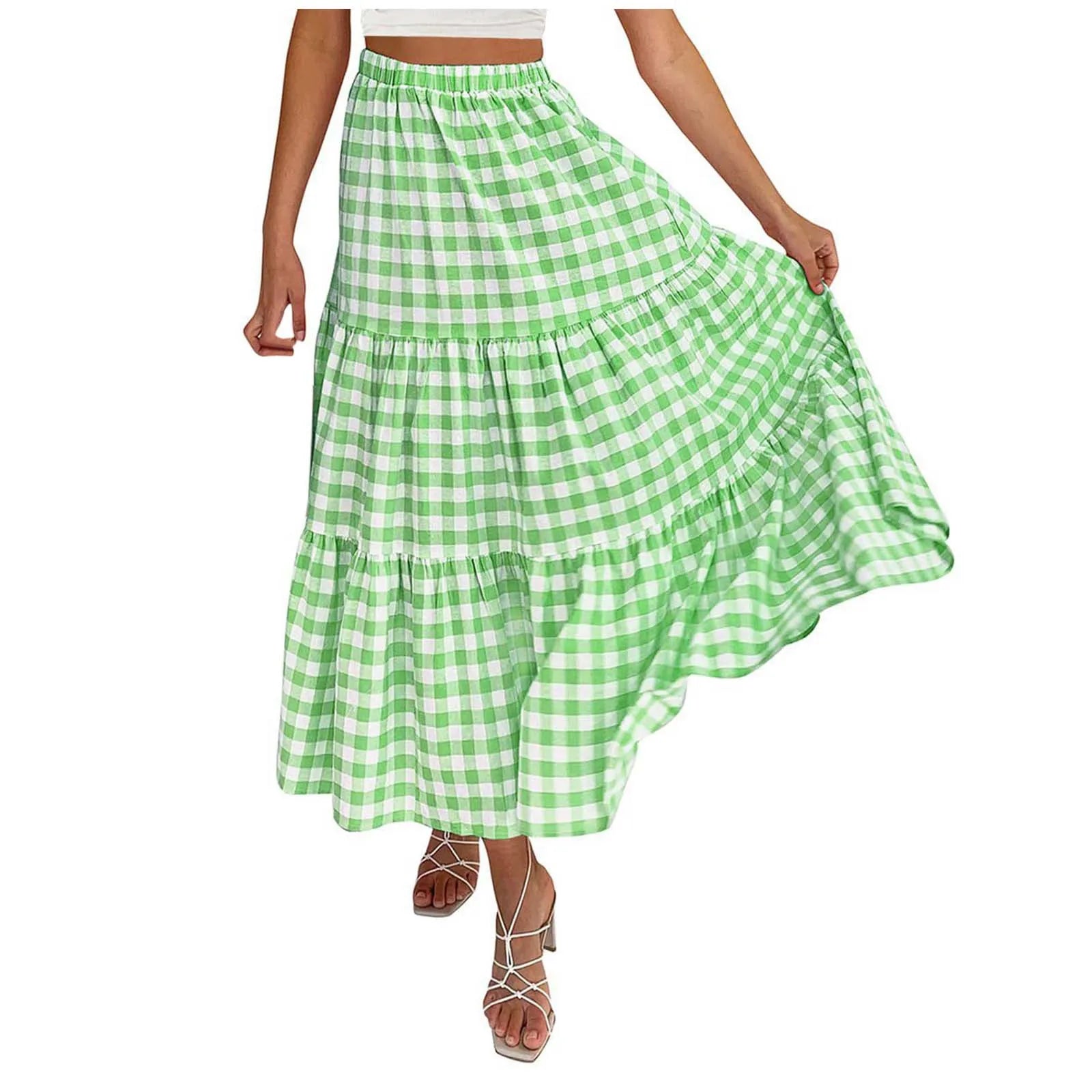 2026 Summer Vintage Checkered Maxi Skirt Women High Waisted Elastic Plaid Ruffle Long Skirts Retro Sweet Cake A  Line Skirts