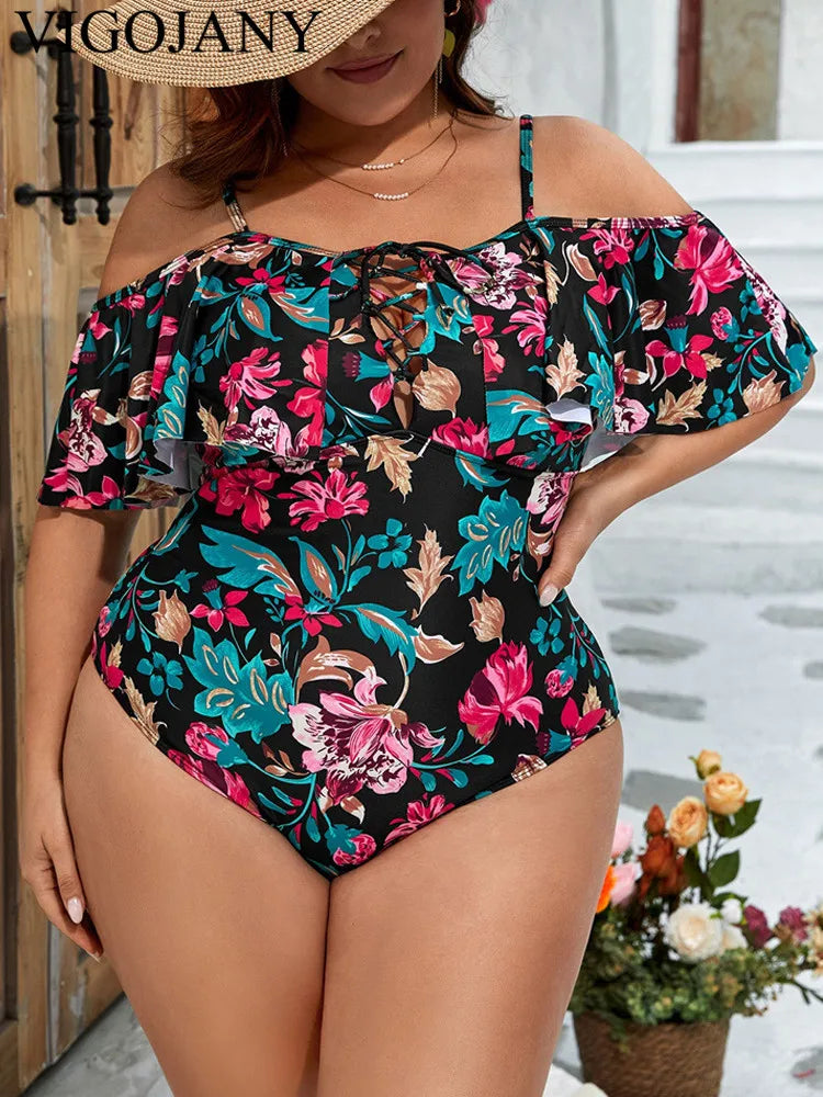 VigoJany 2026 Print Strapped Plus Size Swimwear Women Verge Push Up Large One Piece Swimsuit Beach Chubby Big Bathing Suit