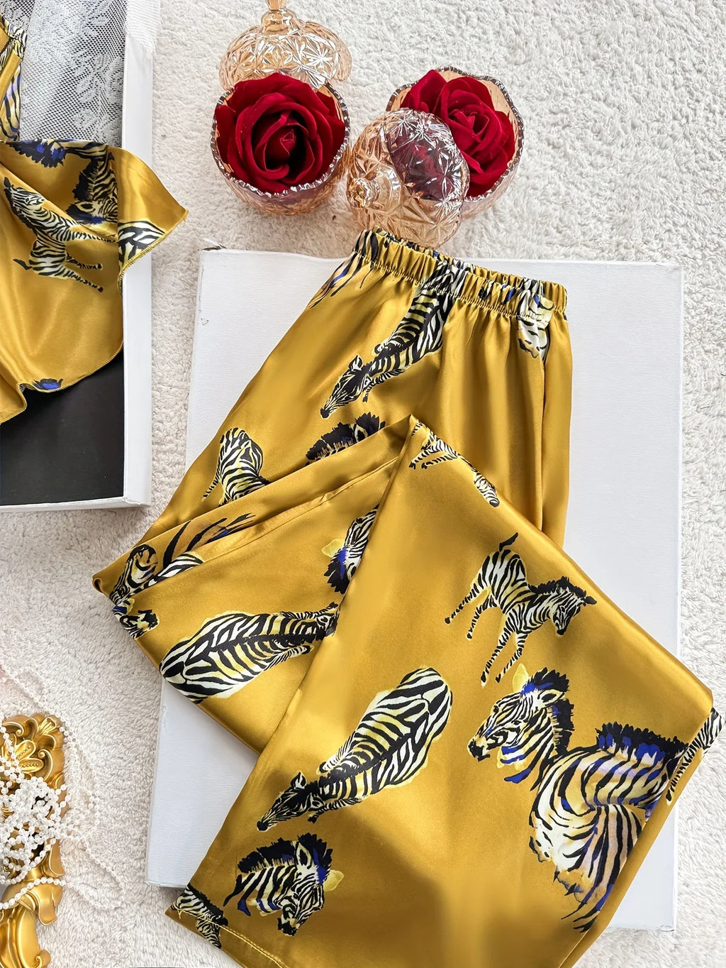 Elegant Women's Pajama Set Zebra Print V Neck Top Paired With Long Pants Comfortable 2 Piece of Casual Home Wear Pajamas
