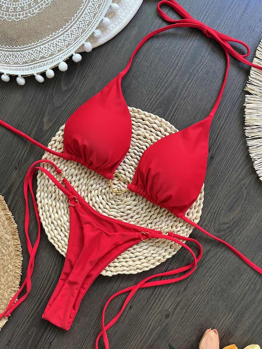 Heart-shaped Halter Micro Thong Bikini Female Swimsuit Women Swimwear Two-pieces Bikini Set Brazilian Bather Bathing Suit Swim