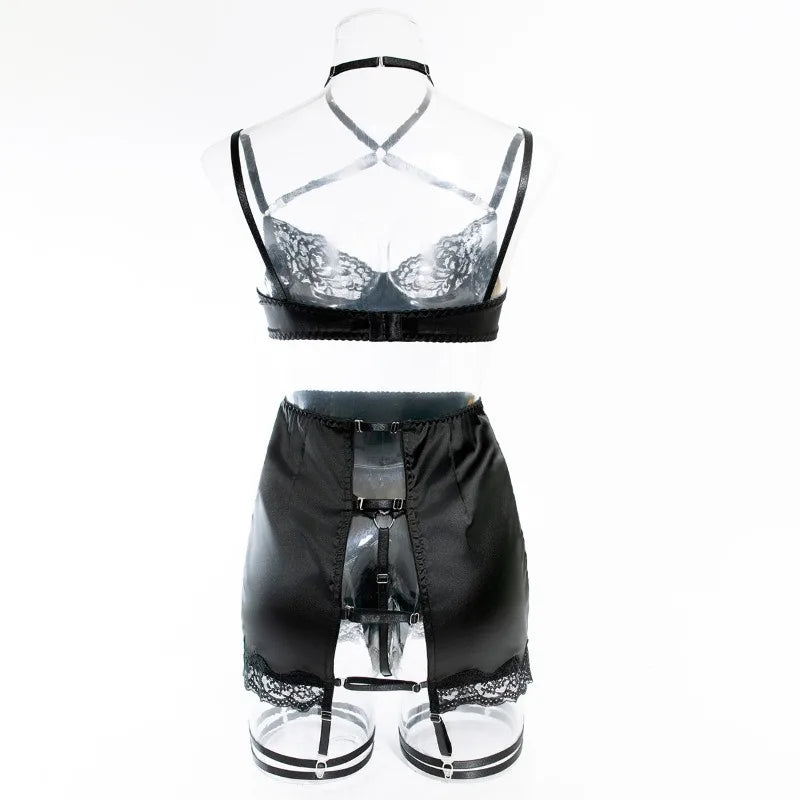 Toucheart Sexy Lingerie Set for Women Mesh Perspective Bra Set Lace Lace Splicing Sexy Hip-pack Skirt Sexy Underwear Garters Set